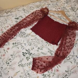 Sheer Sleeve Smocked Crop Top - Wine Red